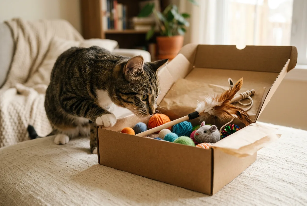 Kraft gift box filled with cat toys, a yarn ball and a feather wand