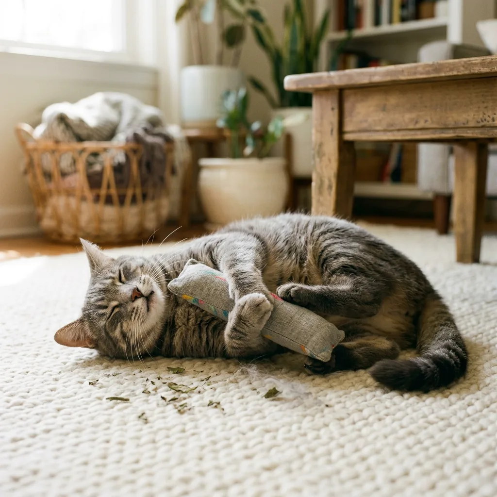 Grey tabby cat hugging a fabric kicker toy