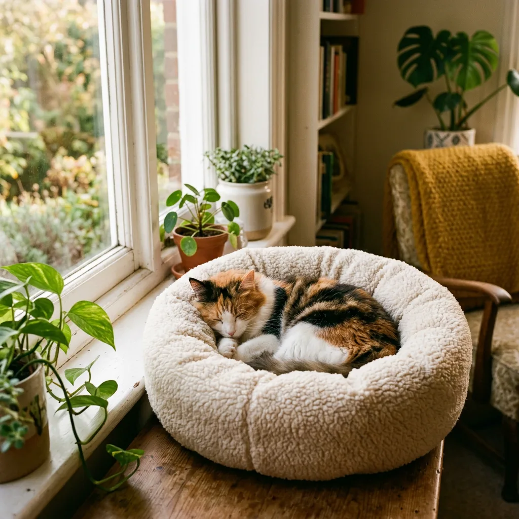 Calico cat asleep in a round plush bed by a window
