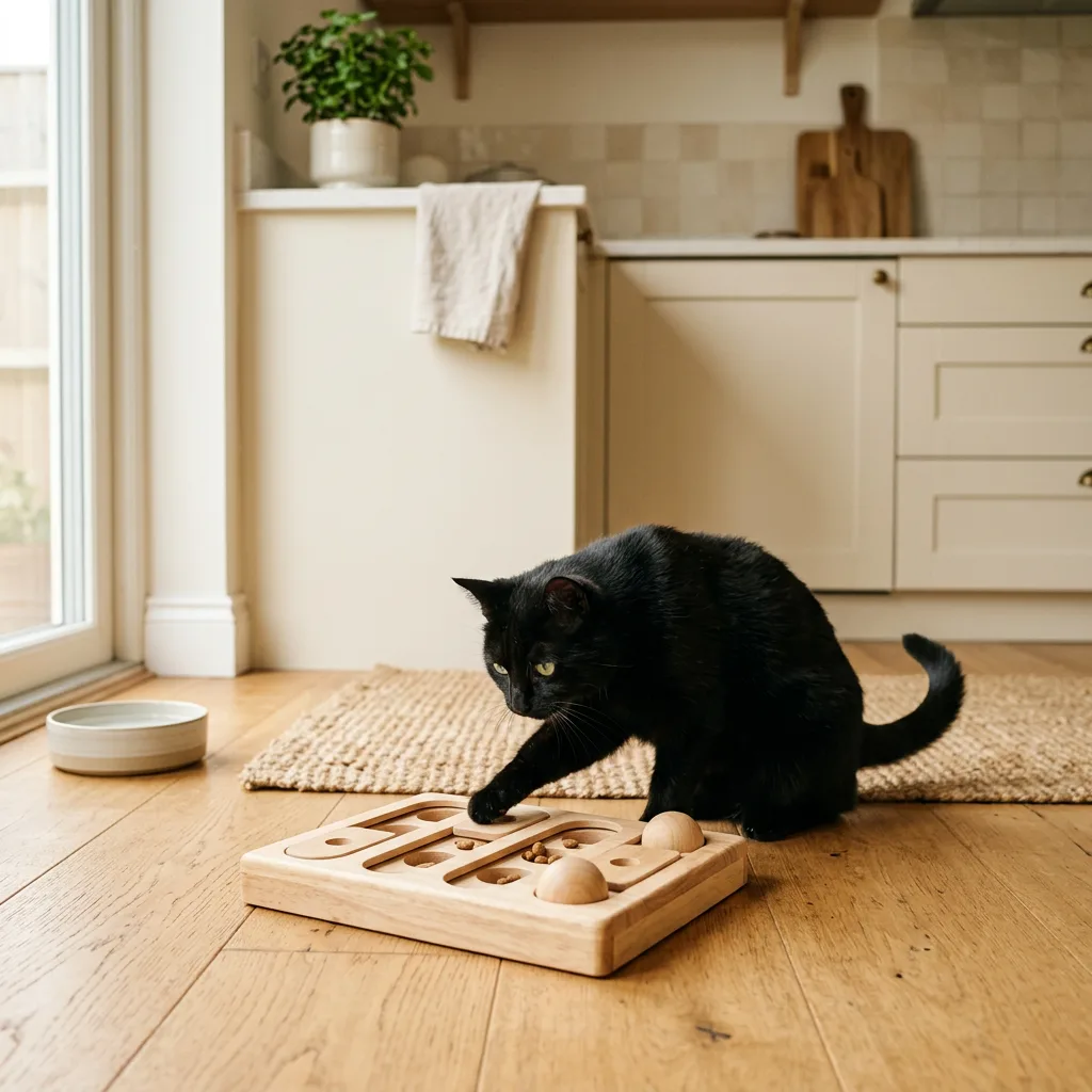 Black cat investigating a wooden puzzle feeder