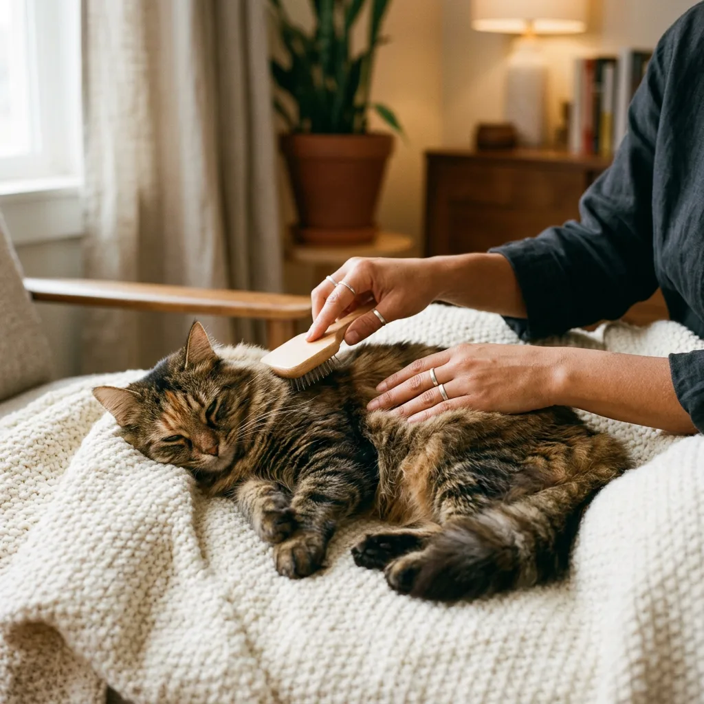 Long-haired tabby cat being gently brushed