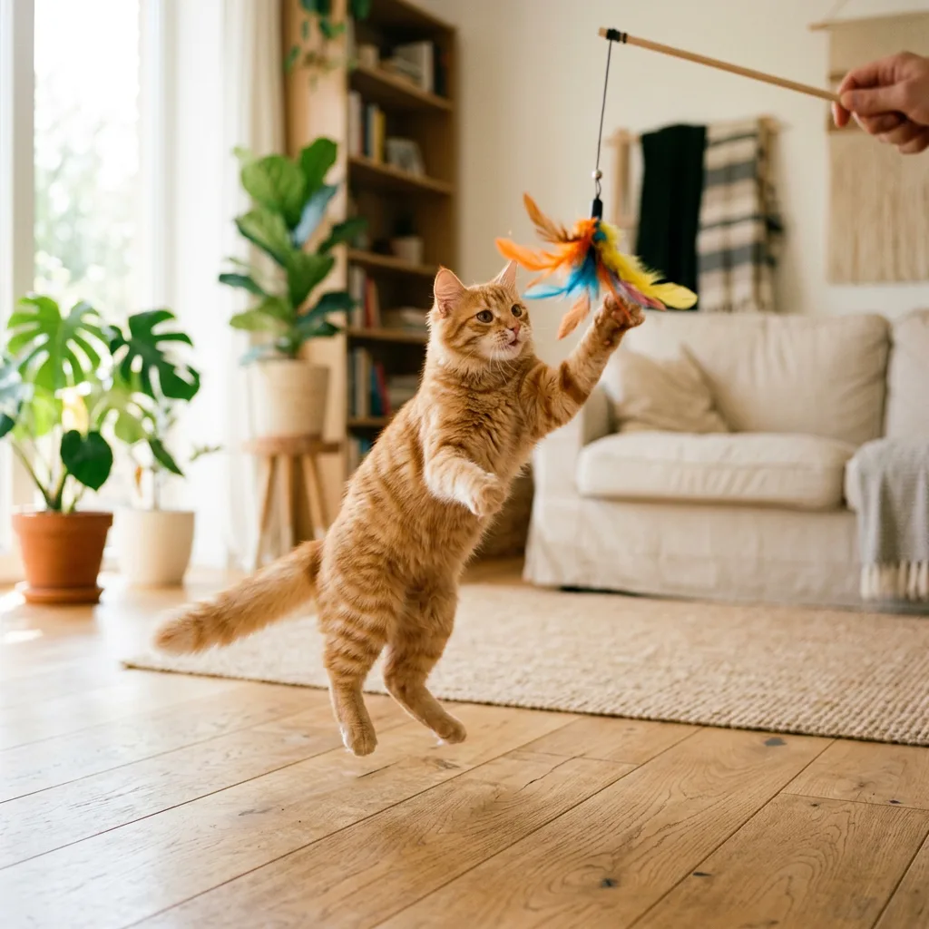 Ginger cat leaping at a feather wand toy