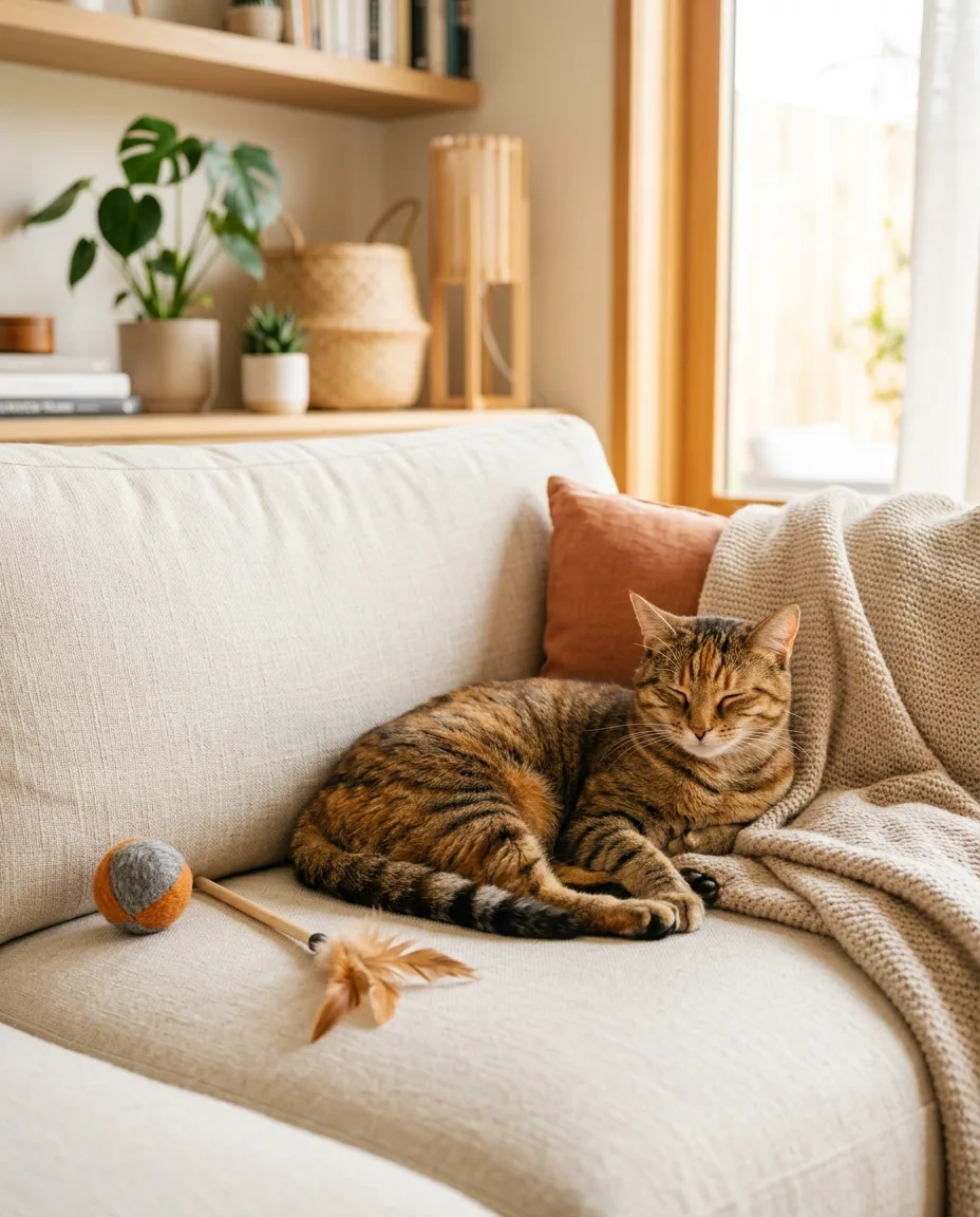 Tabby cat curled up happily inside a wooden crate full of toys